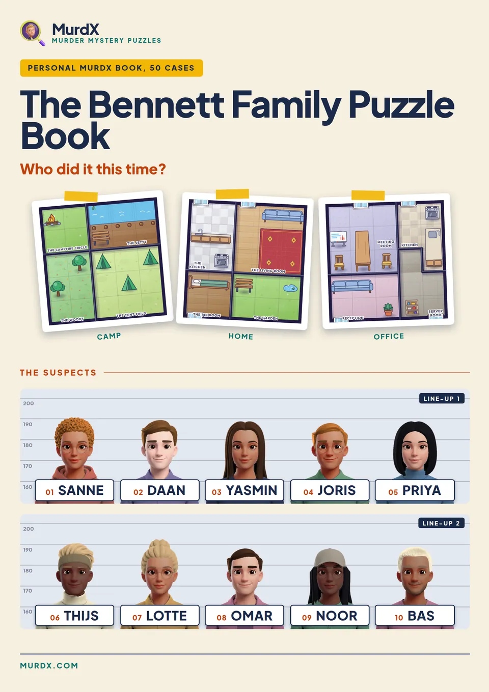 Front cover of a sample book: The Bennett Family Puzzle Book, with the family as the suspects