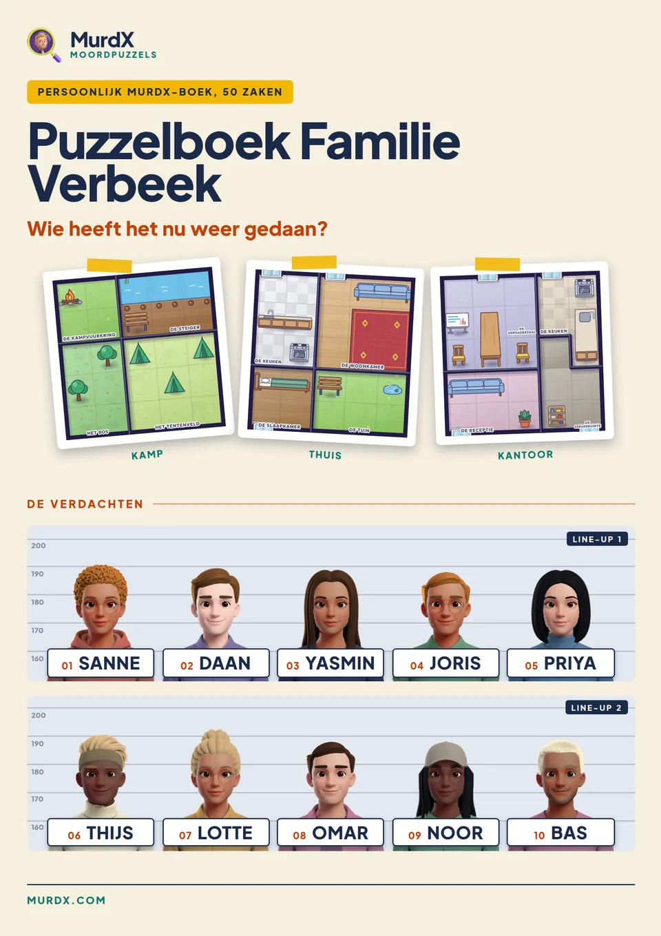 Voorkant van een voorbeeldboek: Puzzelboek Familie Verbeek, met de familie als verdachten